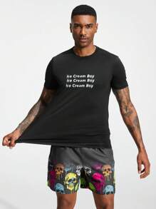 Manfinity KASUA Men's Letter Print Short Sleeve Surfing T-Shirt - Black - View 7