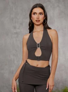 evoluSHEIN X Anitta Jheni Designer Women's Summer Solid Color Ruched Hollow Cropped Slim Fit Halter Top, Holiday, Going Out, Festival - Burgundy - View 7