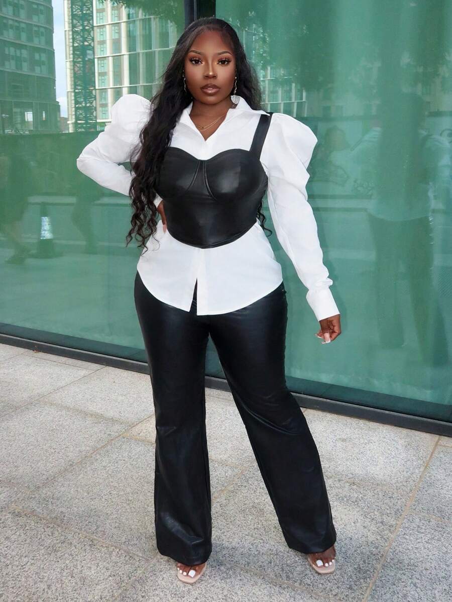 Slaydiva 1set Elegant Black PU Cropped Camisole And White Button Front Long Sleeve Shirt Suit