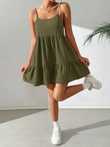 SHEIN EZwear Summer  Backless Spaghetti Strap Sundress - Army Green - View 3