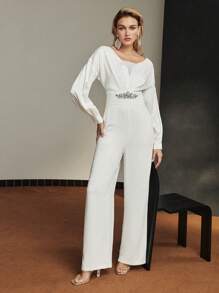 MOTF PREMIUM DROP SHOULDER OVERSIZE RHINESTONE WAIST JUMPSUIT - White - View 11