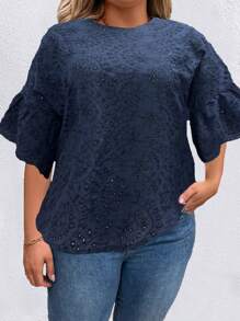 SHEIN Unity Plus Size Women Open Lace Round Neck Flare Sleeve Casual Loose Top, Everyday Wear - Navy Blue - View 4