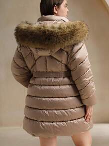 Anewsta 大码连帽长袖温柔优雅长款加厚可拆卸蓬松领可拆卸兜帽腰带双拉链外套