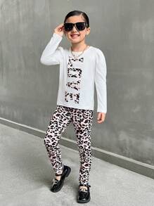 SHEIN Explorewe Toddler Girls 3pcs Set,White Leopard Print Letter Gigot Sleeve T-Shirt,Leopard Print Leggings&Black PU Vest,Casual Outfit Suitable For Autumn,Daily - Multicolor - View 5