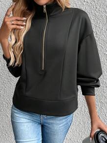 SHEIN LUNE Fall/Winter Women Zip Sweatshirt  Casual Loose ,Black Football Sweatshirt
