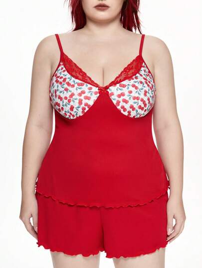 Kawaii Ensemble de pyjamas en camisole avec nœud en dentelle côtelée et à patchwork de cerise, grande taille