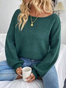 SHEIN LUNE Damen Einfarbiger Rundhals Dropped Shoulder Langarm Locker Lässig Pullover, Herbst/Winter, Strick Pullover Herbst - Dunkelgrün - Übersicht 4