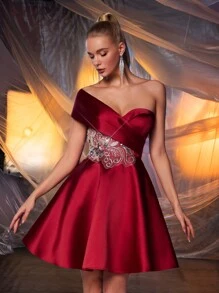 SHEIN Belle Burgundy Red Elegant & Glamorous Stunning Red Shoulder-Revealing High Waist Luxurious Embroidered Pearl & Rhinestone Decor Flare Short Dress, Suitable For Wedding, Graduation, Holiday, Bachelorette Party, Prom, Semi Formal Dress, For Birthday, Wedding Guest, Homecoming - Burgundy - View 1