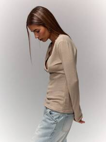 MUSERA V Neckline Long Sleeve Fitted T-Shirt Top Everyday Airport Holiday Back To School Fall Autumn Winter Christmas,Elegant