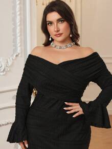 Modelyn Plus Size Women's Elegant Solid Color Off-Shoulder Flared Sleeve Ruched Long Fitted Dress For Spring And Summer Long Evening Dresses - Black - View 6