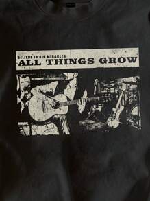 Attitoon 音乐节休闲宽松乐队图案圆领短袖女式T恤，棉混纺，适合夏季 - 黑色 - 查看 3