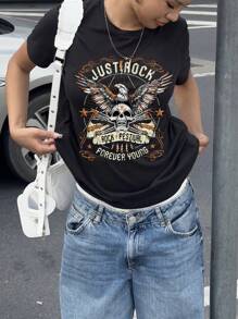 SHEIN EZwear Camiseta ligera de cuello redondo de manga corta con estampado de calavera de águila vintage casual grunge rock para mujer - Negro - Ver 4