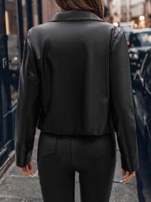 SHEIN Clasi Áo khoác lửng tay dài bằng da PU thời trang xuân thu cho nữ có túi tiện dụng - màu đen - Xem 2