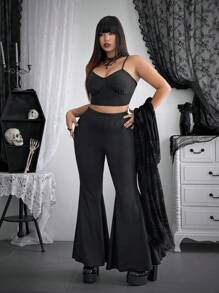 Flirla Bộ 2 món Halloween cỡ lớn có lưới nhung lông thú cổ cánh dơi áo khoác dài thêm & quần ống loe - màu đen - Xem 7