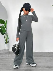 Tween Girls Retro Collegiate Casual Solid Color Round Neck Long Sleeve Top And Wide Leg Pants Set - Dark Grey - View 5