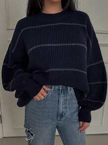 DAZY 女式条纹圆领宽松休闲套头毛衣，秋冬 - 彩色 - 查看 2
