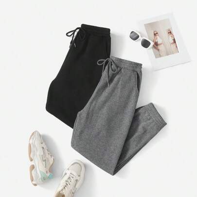 단색 앞 리본 주머니 간단한 캐주얼 바지