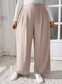 SHEIN Essnce Pantalones anchos de talle elástico con bolsillos para mujer talla grande de otoño e invierno, en color caqui, ropa informal, ropa de oficina, ropa de profesora, ropa de mujer, pantalones curvy, estilo "Old Money"