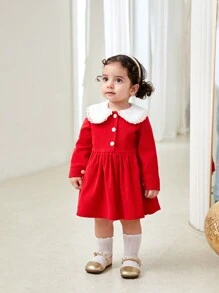 SHEIN Baby Girl Warm & Elegant Red Ruffled Collar Long Sleeve Knee-Length Dress For Christmas Party And Casual Outings, Autumn Winter - Red - View 10