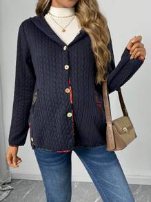 SHEIN Maternity Casual Long Sleeve Single-Breasted Hoodie Jacket - Navy Blue - View 3