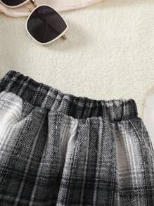 2 件装女婴撞色拼接蝴蝶结装饰长袖衬衫和格子裙套装 - 白色 - 查看 7