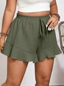Elaquor Shorts Plus Size de Cor Sólida com Bainha Franzida Francesa - Verde Militar - Visão 6