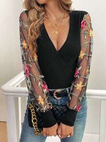SHEIN Clasi Damen V-Ausschnitt Pullover mit Blumenstickerei, Mesh-Einsätzen und Langarm, Frühling/Herbst