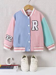 SHEIN Chaqueta de punto informal con parches de letras de bloques de color para niña joven