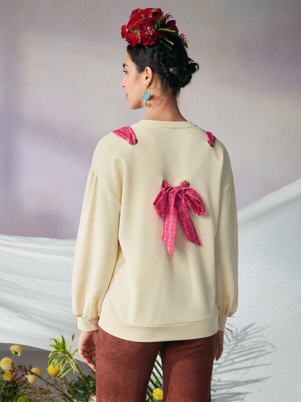 Frida Kahlo X SHEIN X Designer VALERIA GALIPOLI Totem imprimat cu maimuță, cu gât rotund, pe spate, papion, cu umăr căzut, hanorac, vacanță, Ziua Recunoștinței, iarnă, primăvară, festival