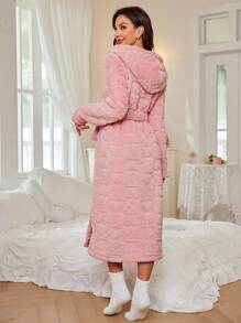 Bata de felpa con estampado de corazón, con cinturón, adorable, para otoño e invierno, esponjosa