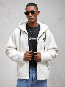 AKNOTIC Business Casual Veste décontractée à capuche en laine avec lettres brodées, à manches raglan amples, convenant pour l'automne et l'hiver - Blanc - Voir 1