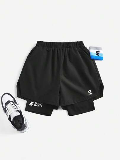 SHEIN Tween Boy Anti-Light Knitted Shorts Woven Printed Pattern Casual Sports Shorts