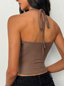 INAWLY Ladies Solid Color Simple Daily Halter Tie Sleeveless Tank Top - Coffee Brown - View 2