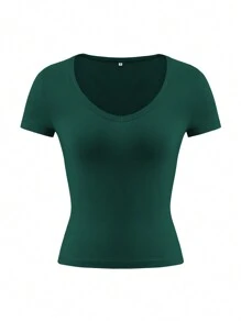 Eve Solid Color Slim Fit Sexy Waisted Y2K T-Shirt, Summer - Màu xanh lá cây đậm - Xem 3