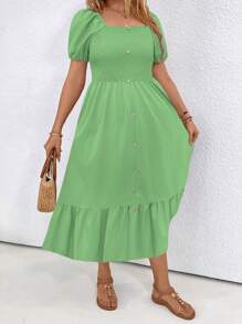 SHEIN LUNE Plus Size Women Summer Solid Color Square Neck Short Puff Sleeve Button Decor Ruffle Hem Casual Dress - Green - View 4