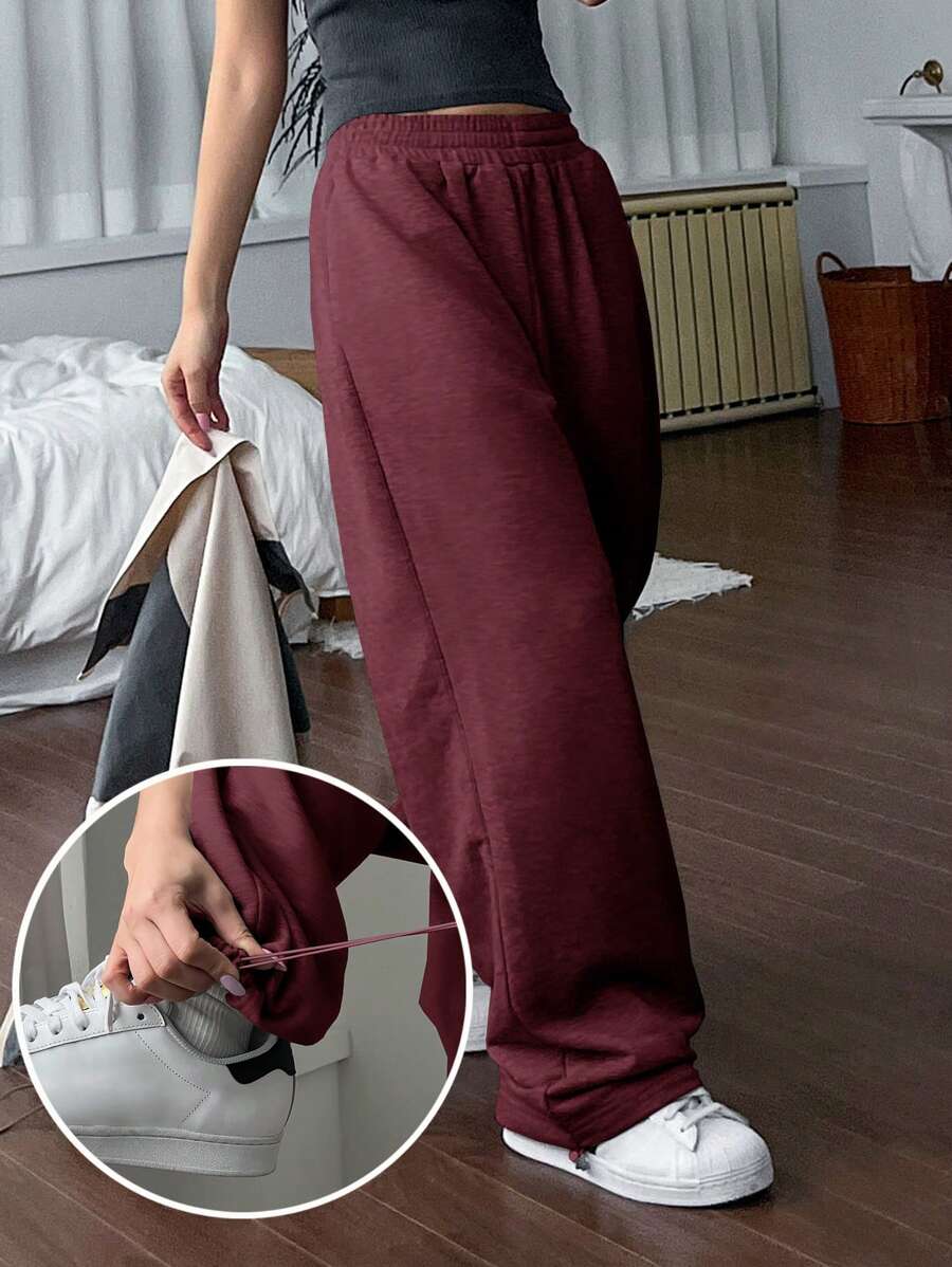 DAZY 女士时尚松紧腰休闲宽松纯色长裤，宽松裤 - 酒紅色 - 查看 1