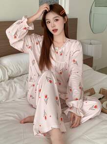 DAZY Ensemble de pyjama avec volant à motif tulipe - Nude - Voir 7