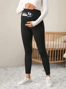 SHEIN Maternity Knitted Waist Adjustable High Waist Leggings - Black - View 3