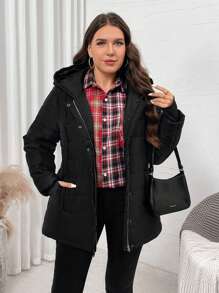 SHEIN LUNE Abrigo con capucha acolchado de manga larga en color negro para mujer de talla grande, con forro polar para abrigar en invierno. Chaqueta y parka acolchada, empaquetable y liviana, con cremallera completa y capucha. Abrigo acolchado de invierno resistente al agua de manga larga para mujer. Chaqueta de invierno 2024 con bolsillos, abrigos abultados, outfit para vacaciones