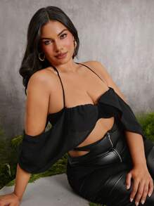 evoluSHEIN X Anitta VICTOR VON SCHWARZ Designer Plus Chiffon Drape Sleeve Bra Top, Holiday, Going Out, Festival - Black - View 3