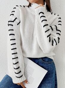 Chiquease Áo len nữ tay dài cổ tròn dáng rộng, kiểu dáng thường ngày, thích hợp cho mùa thu đông. - Đen và trắng - Xem 1