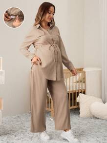 MaterniWear Bộ 2 áo sơ mi dài tay buộc eo thường ngày cho bà bầu và quần cạp có thể điều chỉnh, Xuân/Hè - Màu Khaki - Xem 1