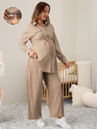 MaterniWear 2st Gravid Casual Långärmad skjorta med knyt midja och justerbara midjebyxor, vår/sommar