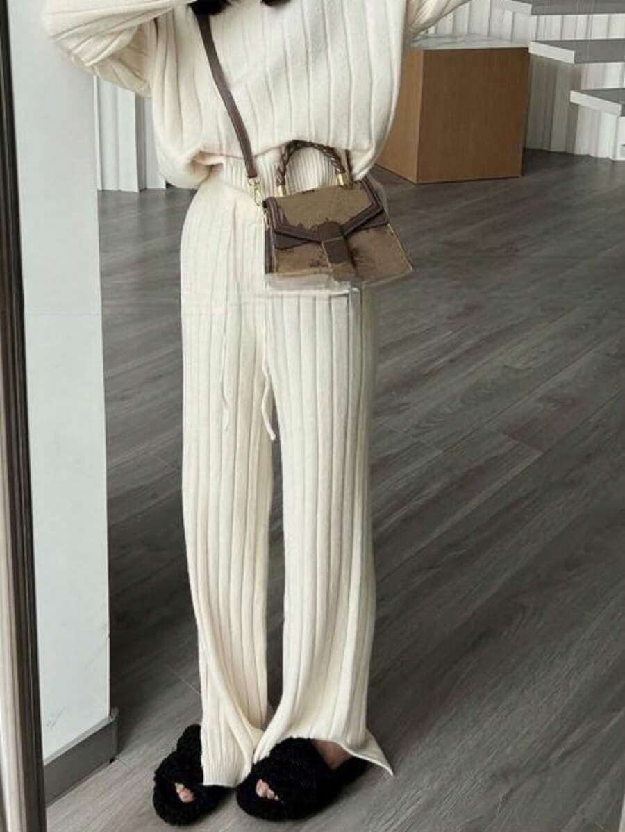 INAWLY Quần len dài đơn giản buộc eo màu trơn cho nữ, mùa thu đông - Màu be - Xem 1