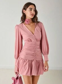 Enchnt Vestido midi elegante ajustado de manga larga y cuello en V con fruncido para mujeres