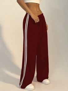 女式宽松抽绳直筒裤，带侧条纹 - 酒紅色 - 查看 3