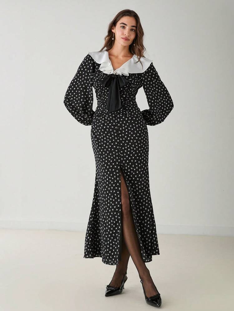 Autumn/Winter Romantic Women's Elegant Ditsy Floral Color Block Collar Mermaid Retro Polka Dots Black Bowknot Dress,For Thanksgiving&Christmas Party Pretty Date Nights&Romantic Dinner Dates&Cocktails