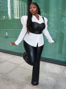Slaydiva 1set Elegant Black PU Cropped Camisole And White Button Front Long Sleeve Shirt Suit