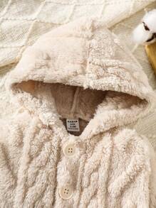 SHEIN Bộ đồ liền thân bằng vải nỉ có mũ trùm đầu, tay dài cài nút phía trước cho bé trai - Màu be - Xem 4