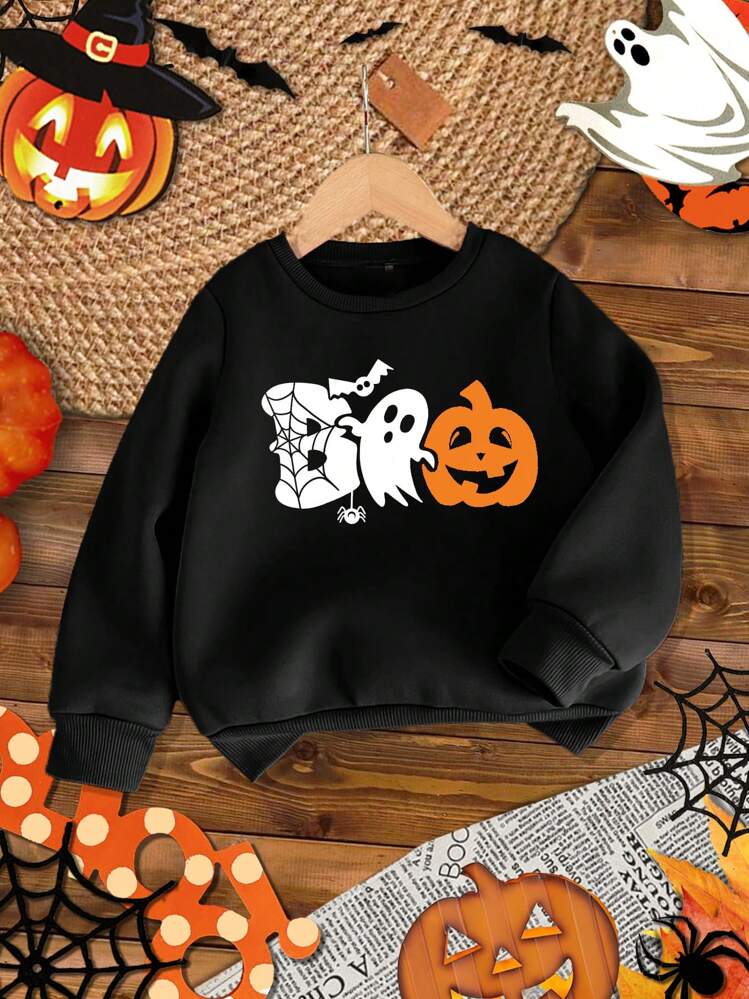 PDYLZWZY Vestito per Halloween per bambini, ragazza, ragazzo, zucca, fantasma, maniche lunghe, girocollo, felpa con cappuccio e pantaloni, set carino per autunno e inverno, Nero , 4- 5 anni